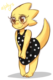 a drawing of a yellow animal with the name alphys written on it