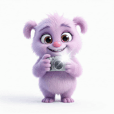 a purple furry animal is holding a camera in front of its face