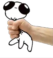 a fist is holding a cartoon dog with big black eyes