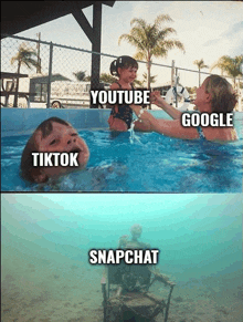 a picture of a child in a pool with the words youtube tiktok google and snapchat underneath it