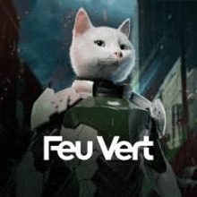 a white cat is wearing armor and holding a green bottle .