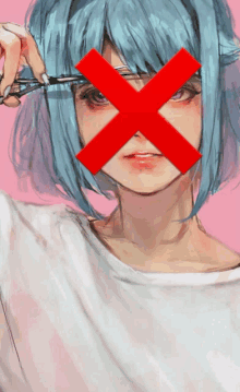 a drawing of a girl cutting her hair with a red cross over her face