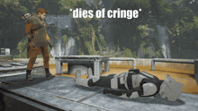 a video game character is laying on the ground with the words dies of cringe above him