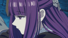 a close up of a girl with purple hair and a blue eye