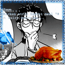 a picture of a man and a turkey with a caption that says chicken strip basket meal 7 dollars