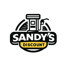 a black and yellow logo for sandy 's discount with a gas pump