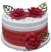 a red and white cake with flowers and pearls