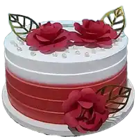 a red and white cake with flowers and pearls