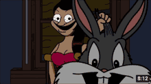 a cartoon of bugs bunny and a woman with the time of 9:12