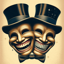 a drawing of two masks wearing top hats and bow ties with braces on their teeth