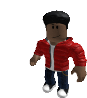 a roblox character with a red jacket and black hair