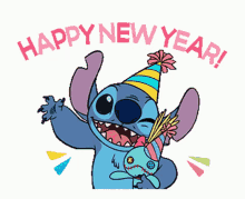 stitch is wearing a party hat and holding a stuffed animal with the words happy new year written above him