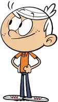 a cartoon character from the loud house is standing with his hands on his hips and looking up .