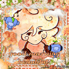 a picture of a girl with the words good morning beautiful on the bottom