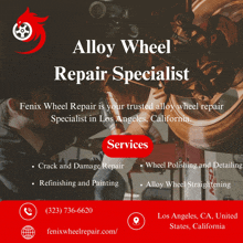 a flyer for alloy wheel repair specialist in los angeles