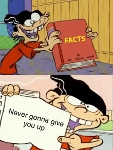 a cartoon character holding a book that says facts