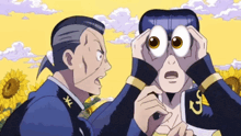 a cartoon drawing of two men with big eyes