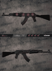 a black and red assault rifle with a cs money logo on the bottom