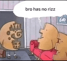 a cartoon of two cookies sitting on a couch with the words bro has no rizz