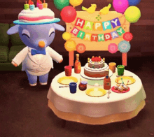 a cartoon sheep is standing next to a table with a birthday cake and a sign that says happy birthday