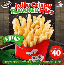 a container of jolly crispy flavored fries has a wasabi flavor