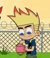 a cartoon character holding a pink purse in front of a fence