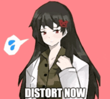 a picture of a girl with long black hair and the words distort now on the bottom