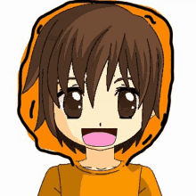 a cartoon drawing of a boy wearing an orange shirt