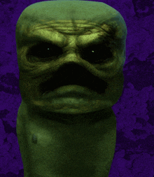 a green statue with a purple background has a scary face