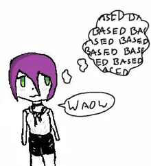a drawing of a girl with purple hair standing next to a speech bubble that says wow .