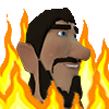 a cartoon man with a beard and mustache is on fire .