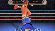 a video game shows two boxers in a boxing ring with round 1 written on the screen