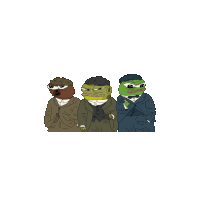 three frogs wearing suits and hats are standing next to each other on a white background