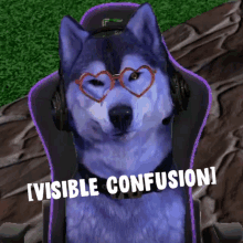 a husky wearing heart shaped glasses and headphones is sitting in a chair with visible confusion written on it