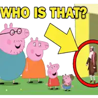 a cartoon of peppa pig standing next to a man with the words who is that above them