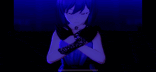 two anime girls in purple dresses are performing on a stage