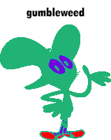 a green and purple cartoon character with the word gumbleweed below it