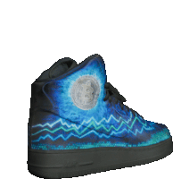 a pair of blue high top sneakers with a bitcoin logo on it