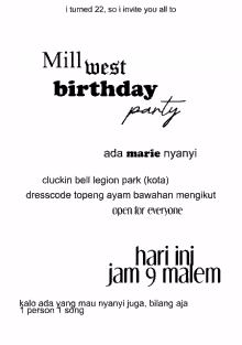 an invitation for a mill west birthday party in indonesian