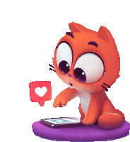 a cartoon cat is sitting on a purple pillow looking at a cell phone with a heart icon next to it