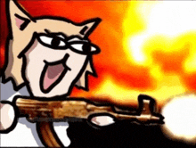 a cartoon cat is holding a gun in front of a fireball .