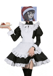 a girl in a maid costume holds a plate of food