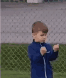 a young boy in a blue jacket is standing in front of a chain link fence in a field .