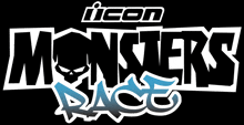 a logo for the icon monsters race with a skull on it