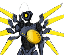 a drawing of a robot with yellow wings holding a yellow ball