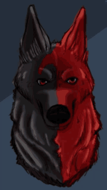 a drawing of a half black and half red dog