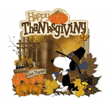 a picture of snoopy with pumpkins and leaves with the words happy thanksgiving