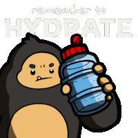 a cartoon of a gorilla holding a bottle of water with the words " remember to hydrate " on the bottom