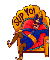 a cartoon of a man sitting in a chair with the words sup yo written on the back