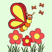 a cartoon butterfly is flying over a field of flowers